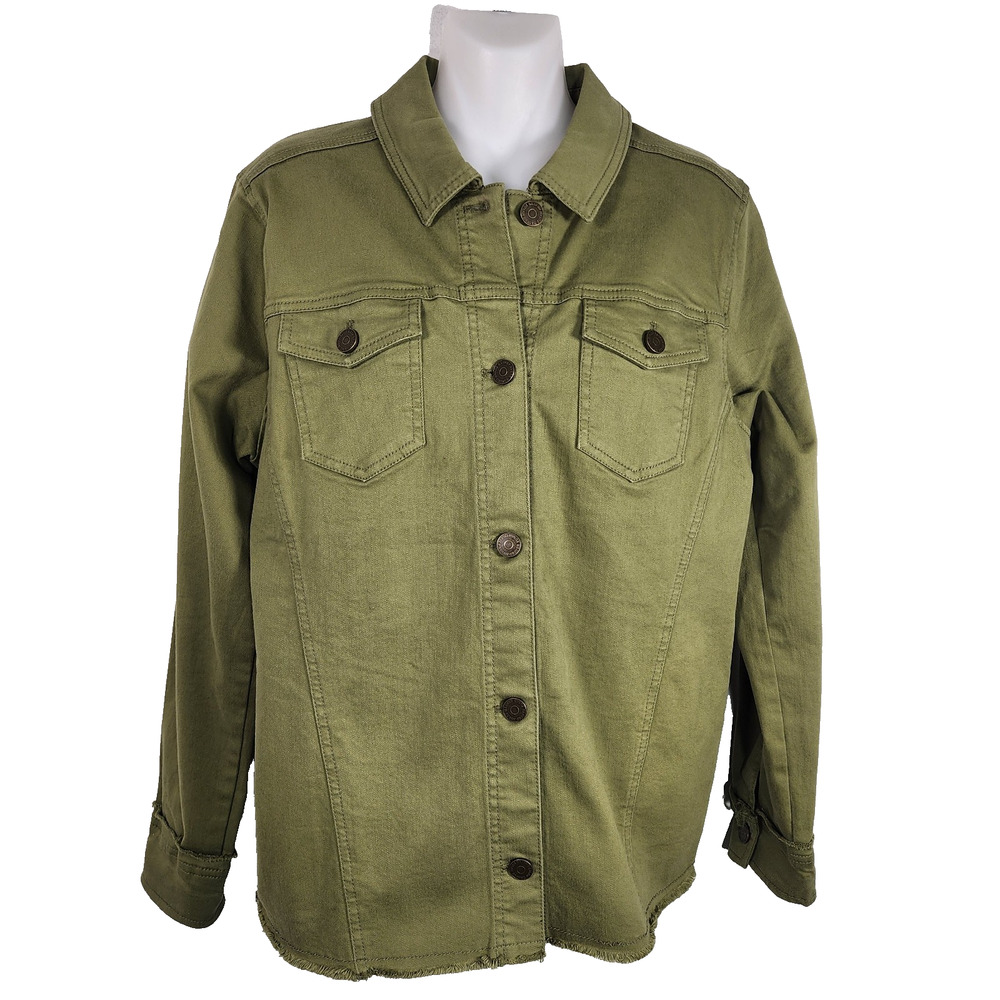 Susan Graver Womens Fall Fashion Denim Jacket Fray Trim Small Fall Olive Green